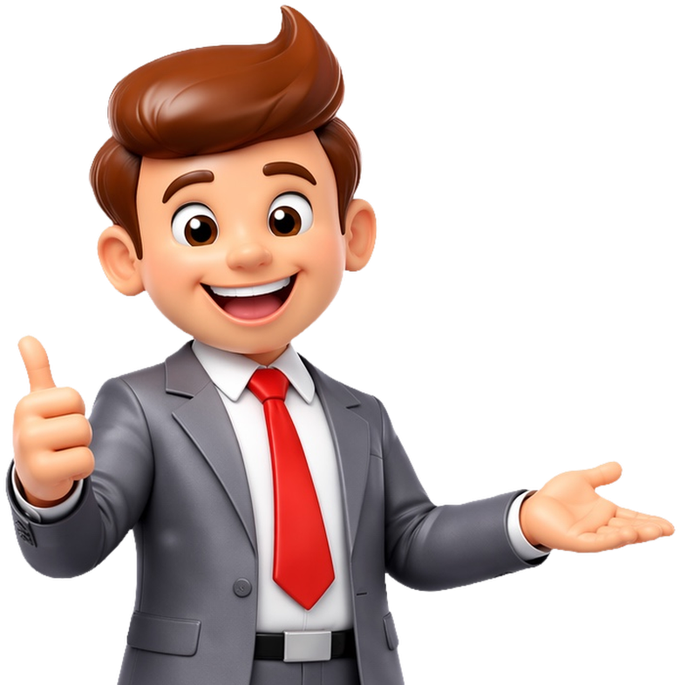 Pepe the Prestamista in a grey suit and red tie, smiling with a thumbs up